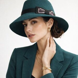 Genie by Eugenia Kim Teal Wool Wide Brim Fedora Hat OS Bow Trim Classic Chic